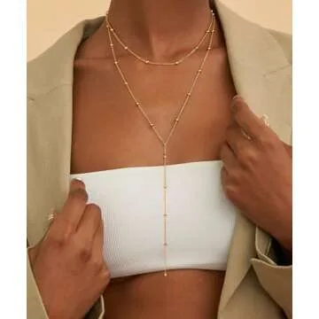 CHESKY Lariat Gold Necklace for Women, 14k Gold Plated Layered Necklaces Dainty Long Necklace Trendy Bead Y-Shaped Pendant Necklace Simple Women Gold Necklaces Jewelry Gift Wedding
