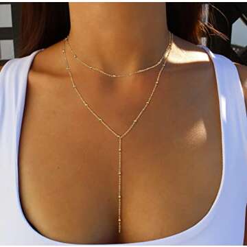CHESKY Lariat Gold Necklace for Women, 14k Gold Plated Layered Necklaces Dainty Long Necklace Trendy Bead Y-Shaped Pendant Necklace Simple Women Gold Necklaces Jewelry Gift Wedding