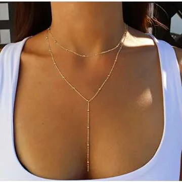CHESKY Lariat Gold Necklace for Women, 14k Gold Plated Layered Necklaces Dainty Long Necklace Trendy Bead Y-Shaped Pendant Necklace Simple Women Gold Necklaces Jewelry Gift Wedding