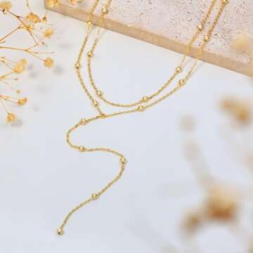 CHESKY Lariat Gold Necklace for Women, 14k Gold Plated Layered Necklaces Dainty Long Necklace Trendy Bead Y-Shaped Pendant Necklace Simple Women Gold Necklaces Jewelry Gift Wedding