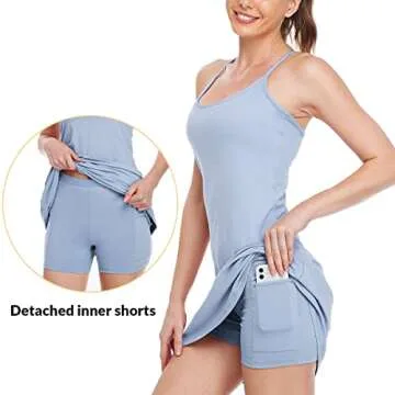 Willit Women's Exercise Dress Tennis Golf Workout Dress with Built-in Bra Yoga Athletic Dress with Pockets Blue L