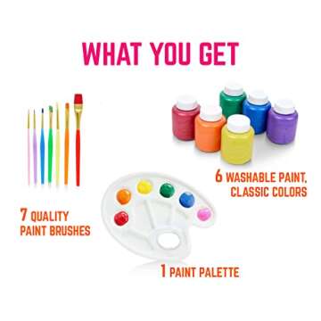 Washable Kids Paint 6 Count, 7 Paint Brushes, Paint Palette - Washable Paint Set For Kids Craft Projects, Finger Painting Supplies Kit