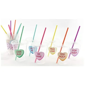 Conversation Heart Valentine's Day Party Cups with Lids and Straws - Set of 12