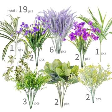 PARTY JOY 19 Bunches Fake Plants Outdoor, Fake Bushes UV Resistant Artificial Lavender Flowers Green...