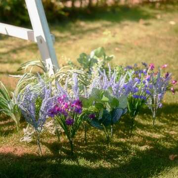 PARTY JOY 19 Bunches Fake Plants Outdoor, Fake Bushes UV Resistant Artificial Lavender Flowers Greenery Shrubs Faux Greenery for Outdoor Garden Patio Front Porch Yard Decor