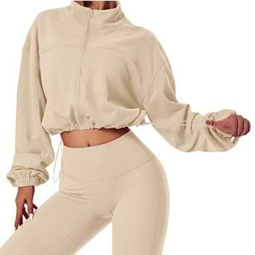 MISSACTIVER Women Casual Zip Up Stand Collar Crop Workout Sweatshirt Long Sleeve Drawstring Hem Crop...