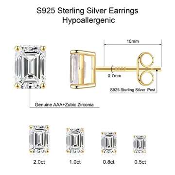 Stud Earrings for Women, S925 Sterling Silver 14K Gold Plated Hypoallergenic Stud Earrings Emerald C...