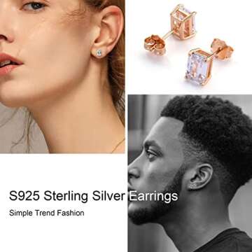 Stud Earrings for Women, S925 Sterling Silver 14K Gold Plated Hypoallergenic Stud Earrings Emerald Cut Cubic Zirconia Sterling Silver Stud Earrings for Women Men