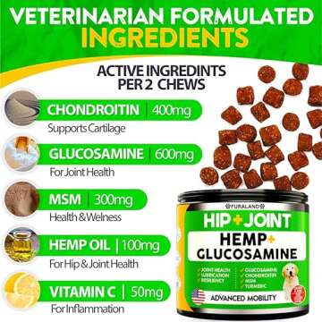 Hemp Hip and Joint Supplement for Dogs - Glucosamine for Dogs - 170 Dog Joint Pain Relief Treats - Chondroitin, Hemp Oil, MSM - Mobility & Flexibility Support - Advanced Care Health - Made in USA