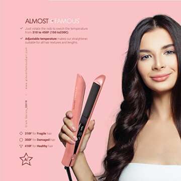 ALMOST FAMOUS Glam Series Professional Hair Straightener Flat Iron with Case for Hair Styling, Tourmaline & Ceramic Straightener with Adjustable Temperature 310°-450°, Multi Hairstyles (Pink)