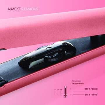 ALMOST FAMOUS Glam Series Professional Hair Straightener Flat Iron with Case for Hair Styling, Tourmaline & Ceramic Straightener with Adjustable Temperature 310°-450°, Multi Hairstyles (Pink)