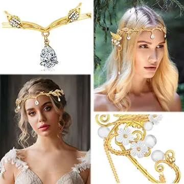Hicarer Fairy Leaf Crown Headpiece Elf Ears Cuffs Rhinestone Elven Wings Tiara for Wedding Party Cos...