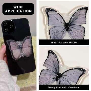 Butterfly Phone Grip, Nature Black Stand, Cute Cell Holder, Mobile with Transparent Base, Resin Folding, Elastic Phone Decoration, Swallowtail Butterfly, for Kickstand Universal Compatible
