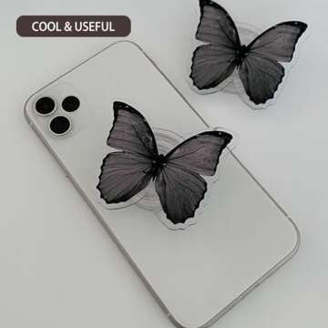 Butterfly Phone Grip, Nature Black Stand, Cute Cell Holder, Mobile with Transparent Base, Resin Folding, Elastic Phone Decoration, Swallowtail Butterfly, for Kickstand Universal Compatible