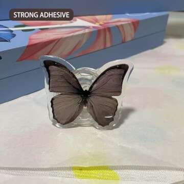 Butterfly Phone Grip, Nature Black Stand, Cute Cell Holder, Mobile with Transparent Base, Resin Folding, Elastic Phone Decoration, Swallowtail Butterfly, for Kickstand Universal Compatible