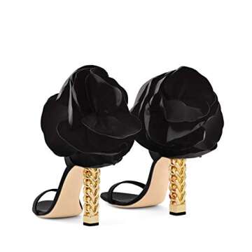 FSJ Women Flower Gold Metal Chain Chunky High Heels Ankle Strap Sandals Open Toe Fashion Summer Dressy Shoes Size 4-15 US