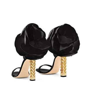 FSJ Women Flower Gold Metal Chain Chunky High Heels Ankle Strap Sandals Open Toe Fashion Summer Dressy Shoes Size 4-15 US