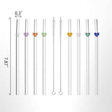 YUTRENN Reusable Glass Straws 8 Colorful Heart-Shaped Bent Straws with Cleaning Brushes, 8"x 0.3" Thick Clear Drinking Straw Set High Borosilicate Glass Drinking Straw for Tumblers 10 Pack Gift Wrap