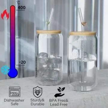 YUTRENN Reusable Glass Straws 8 Colorful Heart-Shaped Bent Straws with Cleaning Brushes, 8"x 0.3" Thick Clear Drinking Straw Set High Borosilicate Glass Drinking Straw for Tumblers 10 Pack Gift Wrap