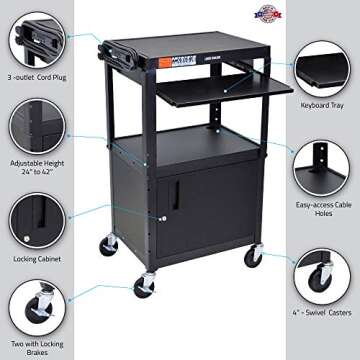LUXOR A/V Cart - Adjustable Steel with Security Cabinet