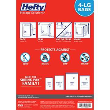 Hefty Shrink-Pak Vacuum Storage Bags – For Clothes, Pillows, Towels, Blankets & More – Space Saver Vacuum Suction Sealer Bags for Home or Travel – 4 Large Bags, 34 x 22 Inches