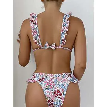WDIRARA Women's Floral Print Tie Front Frill Trim Triangle Bikini Swimsuit White and Pink S