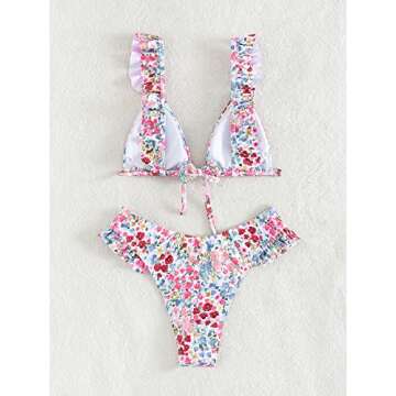 WDIRARA Women's Floral Print Tie Front Frill Trim Triangle Bikini Swimsuit White and Pink S