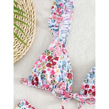 WDIRARA Women's Floral Print Tie Front Frill Trim Triangle Bikini Swimsuit White and Pink S
