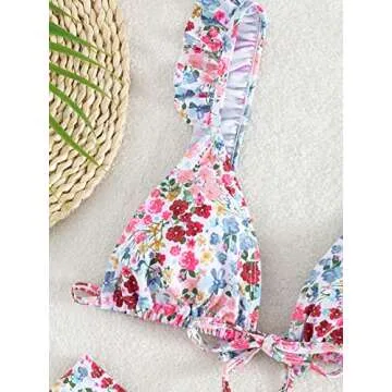 WDIRARA Women's Floral Print Tie Front Frill Trim Triangle Bikini Swimsuit White and Pink S