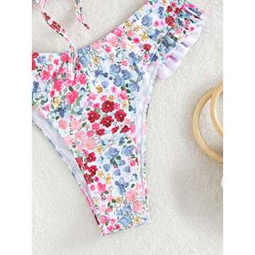 WDIRARA Women's Floral Print Tie Front Frill Trim Triangle Bikini Swimsuit White and Pink S