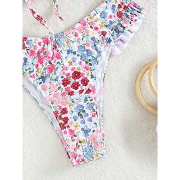 WDIRARA Women's Floral Print Tie Front Frill Trim Triangle Bikini Swimsuit White and Pink S