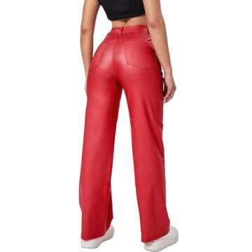 Verdusa Women's High Waist Leather Leggings Pocket Straight Wide Leg PU Pants Red S
