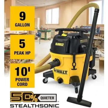 DEWALT 9 Gallon STEALTHSONIC Ultra Quiet Poly Shop Vacuum Wet/Dry, DXV09P-QTA Noise Reduction Vac for Shop, Heavy Duty Shop Vacuum for Jobsite/Workshop, Reduce Motor Noise, Yellow