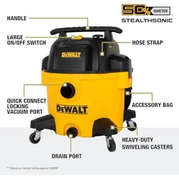 DEWALT 9 Gallon STEALTHSONIC Ultra Quiet Poly Shop Vacuum Wet/Dry, DXV09P-QTA Noise Reduction Vac for Shop, Heavy Duty Shop Vacuum for Jobsite/Workshop, Reduce Motor Noise, Yellow
