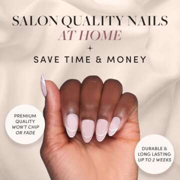 Glamnetic Press On Nails - Heavenly | Semi-Transparent Neutral Nude Trendy French Tip Short Almond F...