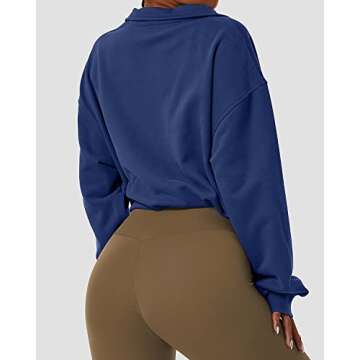 QINSEN Women's Half Zip Crop Sweatshirt High Neck Long Sleeve Pullover Athletic Cropped Tops Blue XL