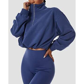 QINSEN Women's Half Zip Crop Sweatshirt High Neck Long Sleeve Pullover Athletic Cropped Tops Blue XL