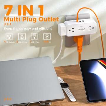 Multi Plug Wall Outlet, TESSAN 4 Outlet Extender with 3 USB (1 USB C), Multi Plug Surge Protector 90...