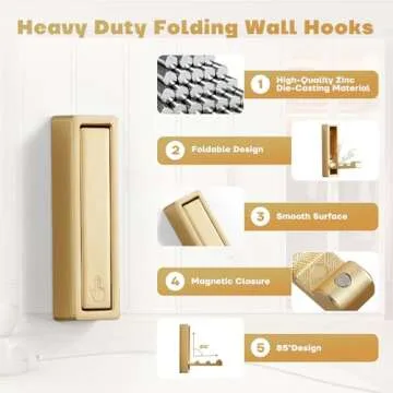 VOSEPO Folding Wall Hook, 4Pcs Foldable Coat Hooks Wall Mounted, Heavy Duty Wall Hooks Zinc Alloy No Rust Fold Up Hooks for Wall Hanging Coat, Towel, Key, Hat, Bag, Jacket, Backpack. (Gold)