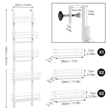 ODesign Over The Door Pantry Organizer, 5 Tier Adjustable Height Pantry Door Organizer,Narrow Pantry Door Organizers and Storage, Kitchen Over The Door Spice Racks,White