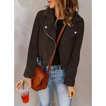 Dokotoo Womens Winter Fall Outfit Coats Long Sleeve Zipper Lapel Collar Cropped Casual Fashion Corduroy Shirts Bleted Motorcycle Jackets Brown Medium