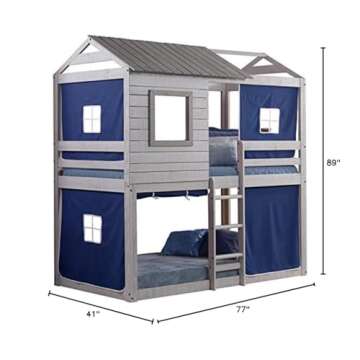 Donco Kids Deer Blind Cabin Twin Over Twin Rustic Light Grey Bunkbed with Blue Tent
