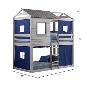 Donco Kids Deer Blind Cabin Twin Over Twin Rustic Light Grey Bunkbed with Blue Tent