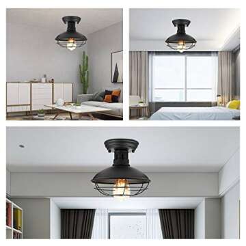 Farmhouse Flush Mount Ceiling Light - Easric Industrial Ceiling Light Fixture Rustic Black Metal Cage Close to Ceiling Lamp E26 Base for Hallway Foyer Kitchen Porch