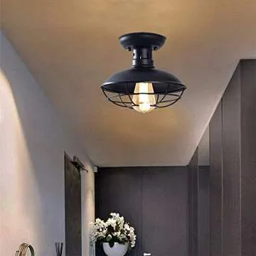 Farmhouse Flush Mount Ceiling Light - Easric Industrial Ceiling Light Fixture Rustic Black Metal Cage Close to Ceiling Lamp E26 Base for Hallway Foyer Kitchen Porch