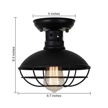 Farmhouse Flush Mount Ceiling Light - Easric Industrial Ceiling Light Fixture Rustic Black Metal Cage Close to Ceiling Lamp E26 Base for Hallway Foyer Kitchen Porch
