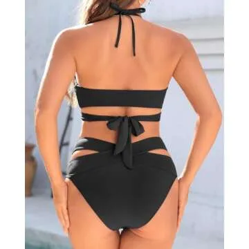 Holipick Two Piece Bikini Sets for Women High Waisted Bikini Push Up Swimsuit Halter Wrap Criss Cross Bathing Suit Black