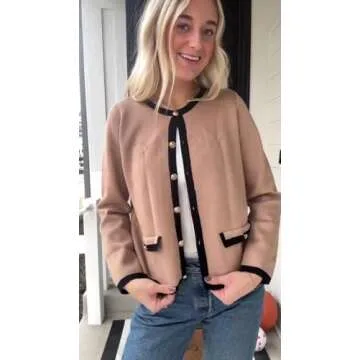 Xiaoxuemeng Womens Cardigan Sweaters Cropped Striped Button Down Knit Jackets Open Front Trendy Lady Fall Outfits(Camel-XS)