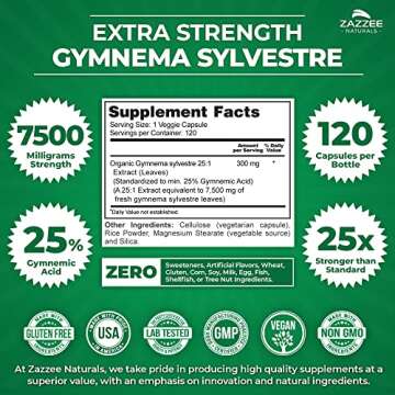 Zazzee Organic Gymnema Sylvestre 25:1 Extract, 7500 mg Strength, 25% Gymnemic Acid, 120 Vegan Capsules, 4 Month Supply, Standardized and Concentrated 25X Extract, All-Natural and Non-GMO