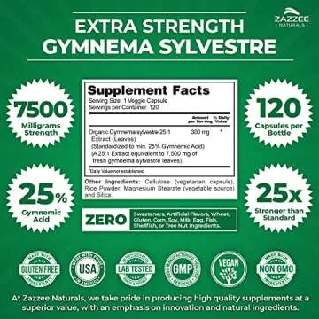 Zazzee Organic Gymnema Sylvestre 25:1 Extract, 7500 mg Strength, 25% Gymnemic Acid, 120 Vegan Capsules, 4 Month Supply, Standardized and Concentrated 25X Extract, All-Natural and Non-GMO